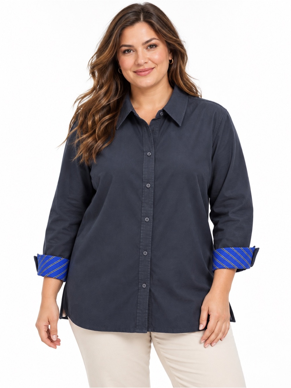Liz Claiborne Navy Button-Down Shirt with Blue Stripe Cuffs